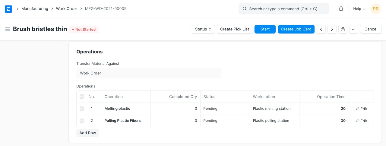 إنشاء أمر عمل يحتوي على عمليات 