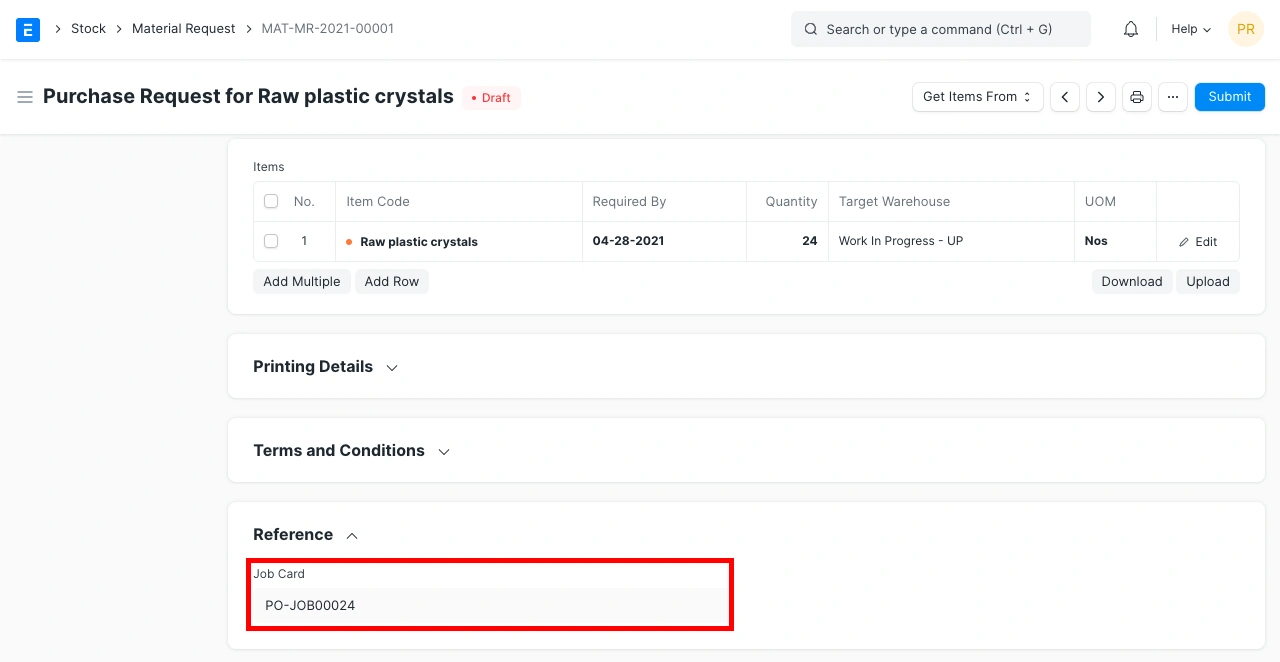 طلب المواد بناءً على بطاقة العمل