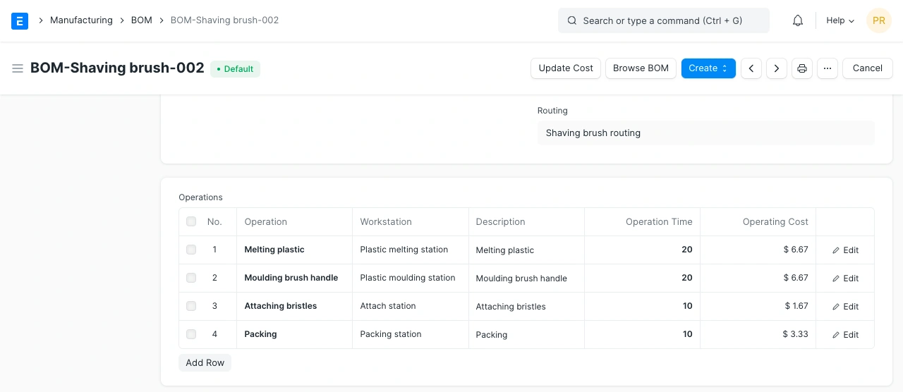 قائمة المكونات مع العمليات