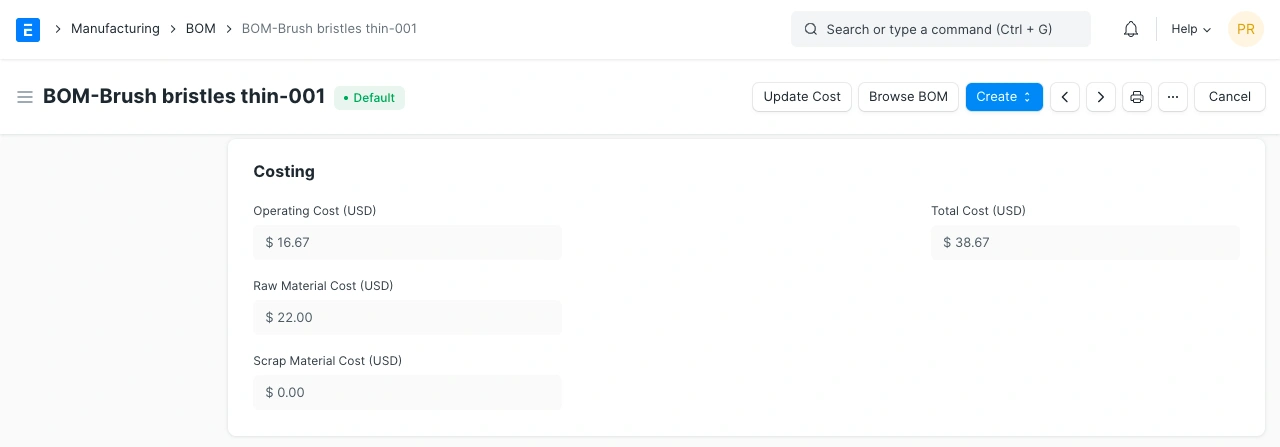 تكلفة قائمة المكونات