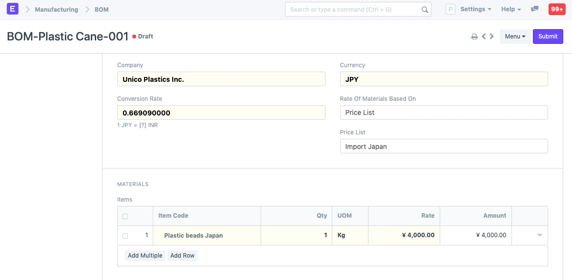 حساب تكلفة قائمة المكونات بعملات مختلفة