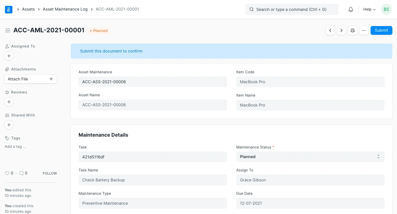 سجل صيانة الأصل 