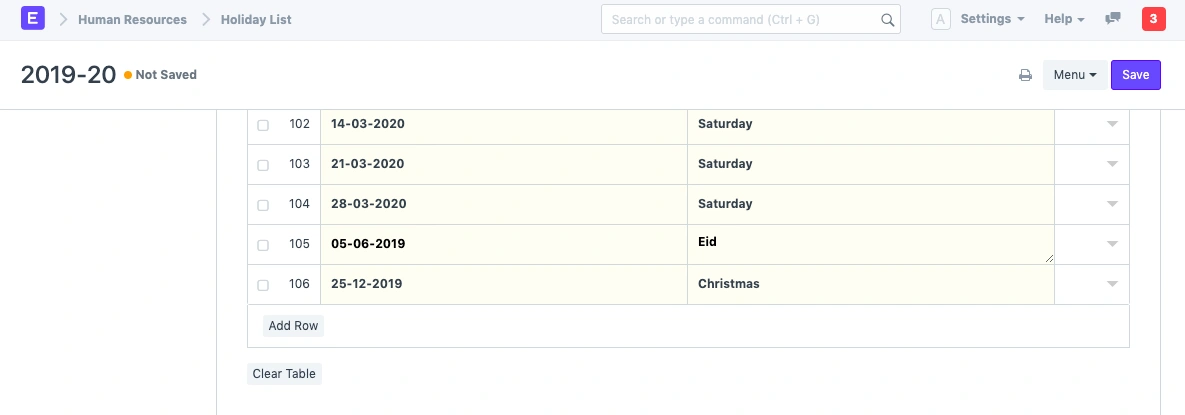 قائمة العطلات 