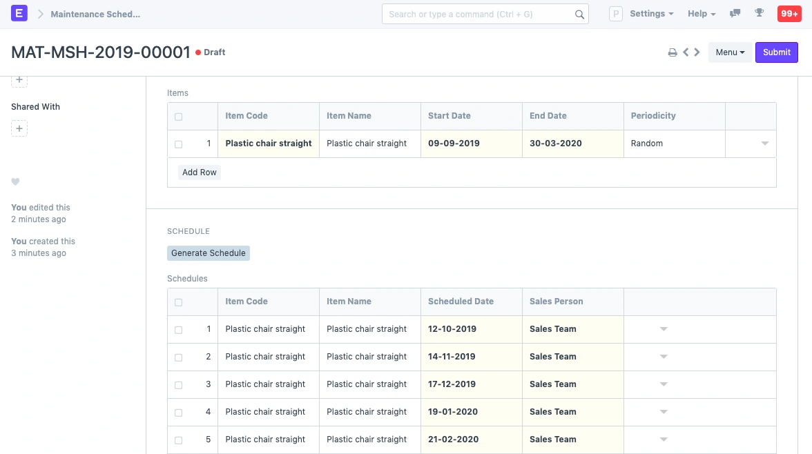 جدول الصيانة 