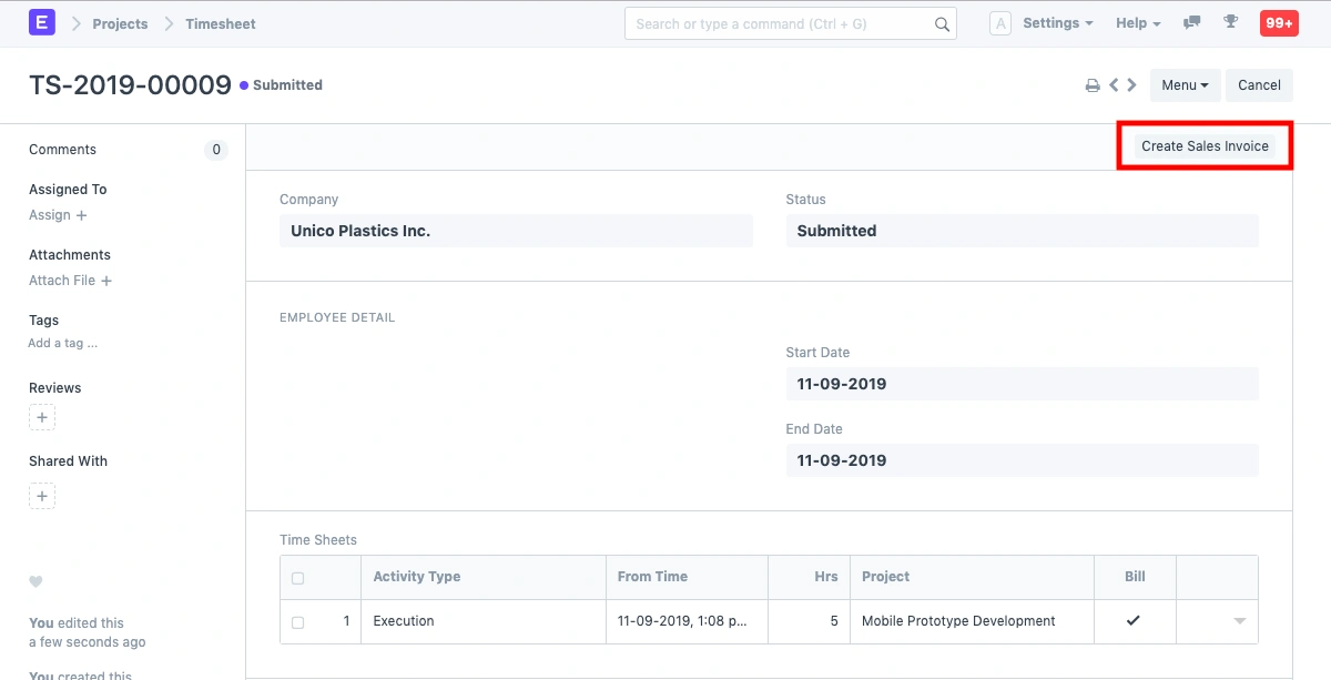 فاتورة المبيعات من جدول العمل